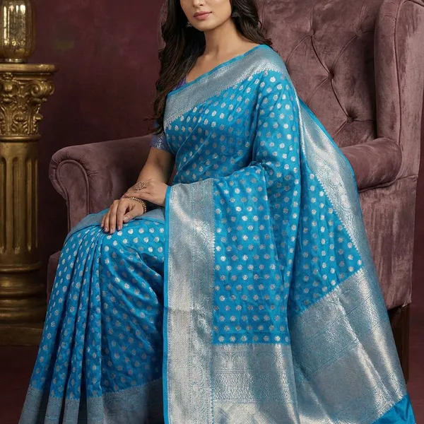Blue_Tissue_Silk_Ikat_Buti_Banarasi_Saree_With_Silver_Zari_Buti_Work_And_Woven_Border