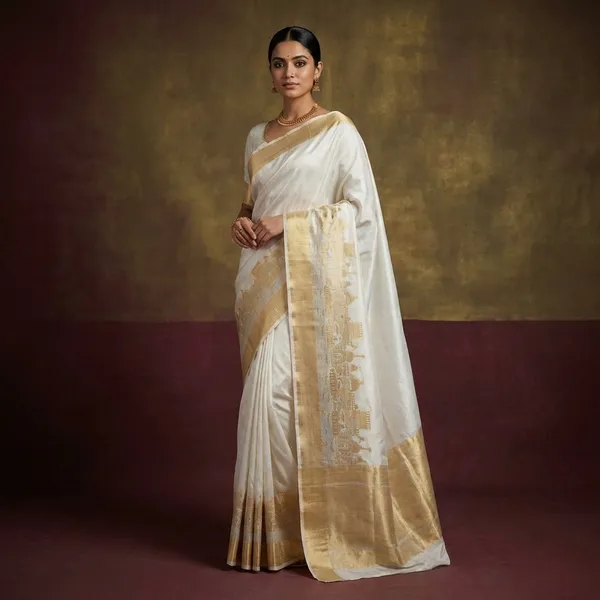 White_Georgette_Silk_Saree_With_Golden_Zari_Border
