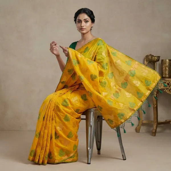 Yellow_Banarasi_Cotton_Silk_Saree_With_Green_Leaf_Motifs_And_Contrasting_Border