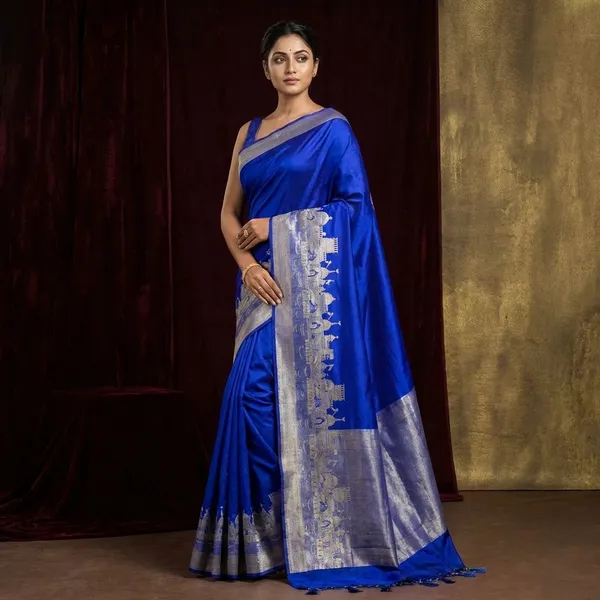 Royal_Blue_Georgette_Silk_Saree_With_Silver_Temple_Border