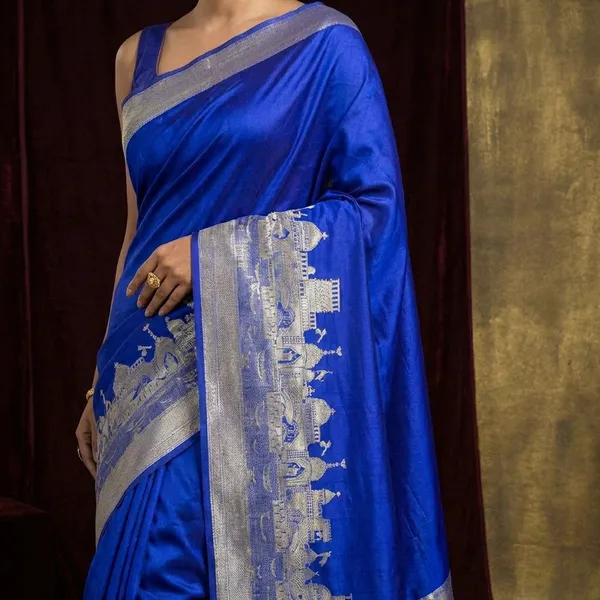 Royal_Blue_Georgette_Silk_Saree_With_Silver_Temple_Border