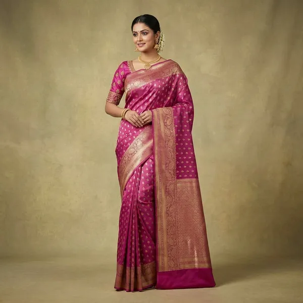 Pink_Breathable_Tissue_Silk_Banarasi_Saree_With_Rich_Pallu_And_Blouse