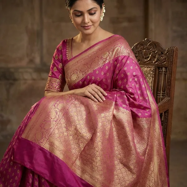 Pink_Breathable_Tissue_Silk_Banarasi_Saree_With_Rich_Pallu_And_Blouse