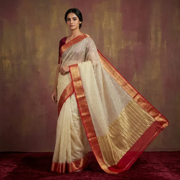 Off_White_Silk_Saree_With_Pink_Golden_Zari_Border_And_Silver_Butis