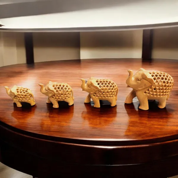Handcrafted_Decorative_Showpiece_With_Intricate_Lattice_Carving_Wooden_Elephant_Family_Set_Of_4