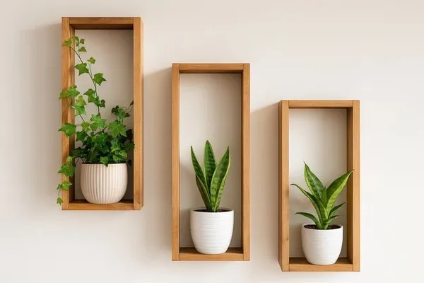 Wooden_Wall_Shelves_With_White_Ceramic_Planters_Set_Of_3