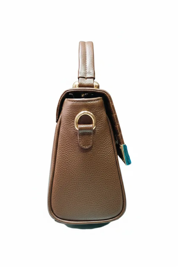 Metallic_Bronze_Croc-Embossed_Structured_Handbag_With_Turquoise_Accent