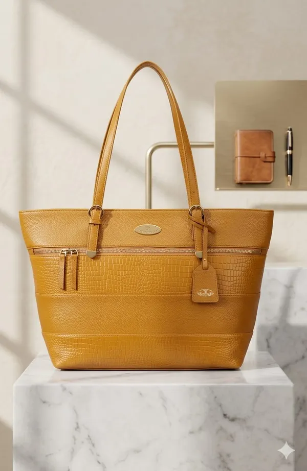 Mustard_Yellow_Textured_Tote_Bag_With_Croc-Embossed_Panel