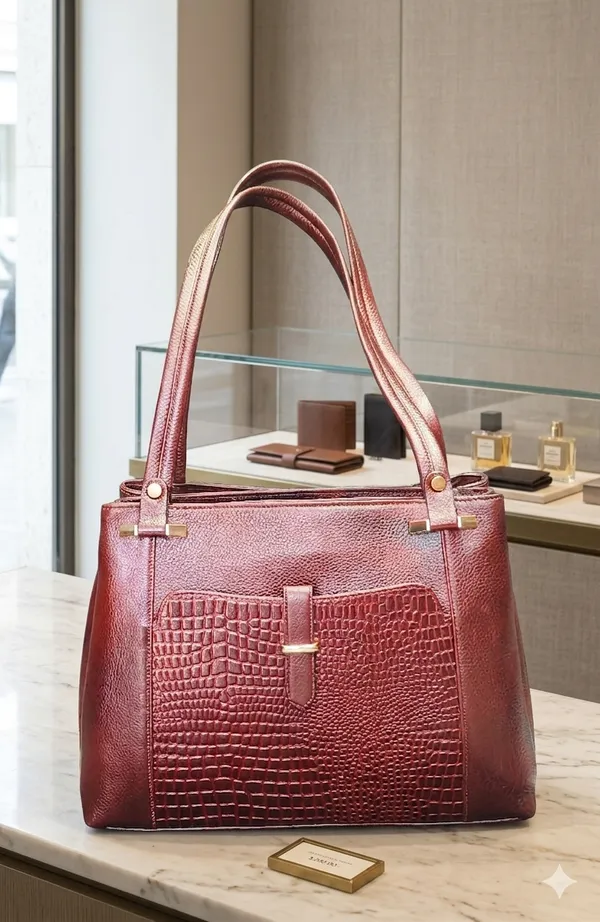 Maroon_Textured_Handbag_With_Croc_Embossed_Panel