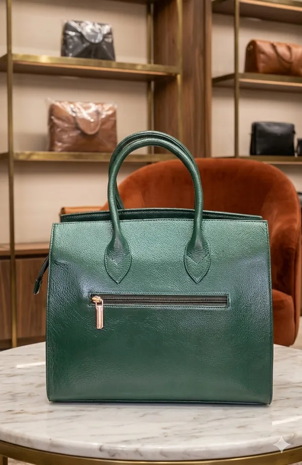Premium_Green_Leather_Structured_Handbag_With_Gold_Hardware