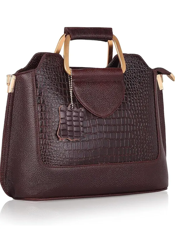 Women'S_Brown_Croc-Textured_Handbag_With_Gold-Tone_Hardware