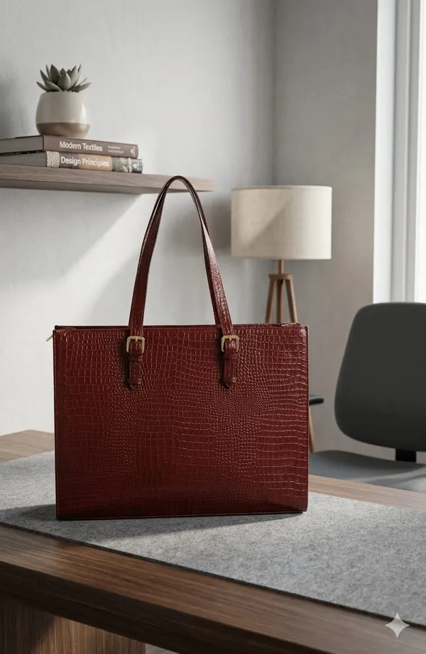 Croc-Textured_Brown_Tote_Bag_With_Buckle_Straps