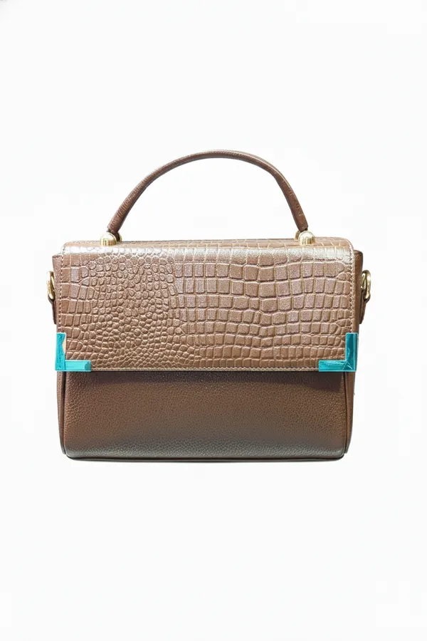 Metallic_Bronze_Croc-Embossed_Structured_Handbag_With_Turquoise_Accent