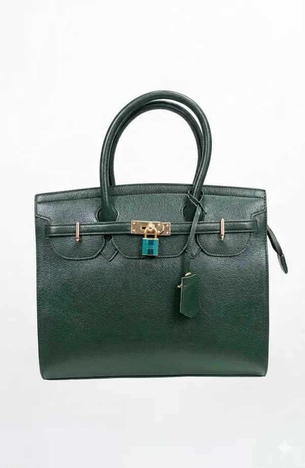 Premium_Green_Leather_Structured_Handbag_With_Gold_Hardware