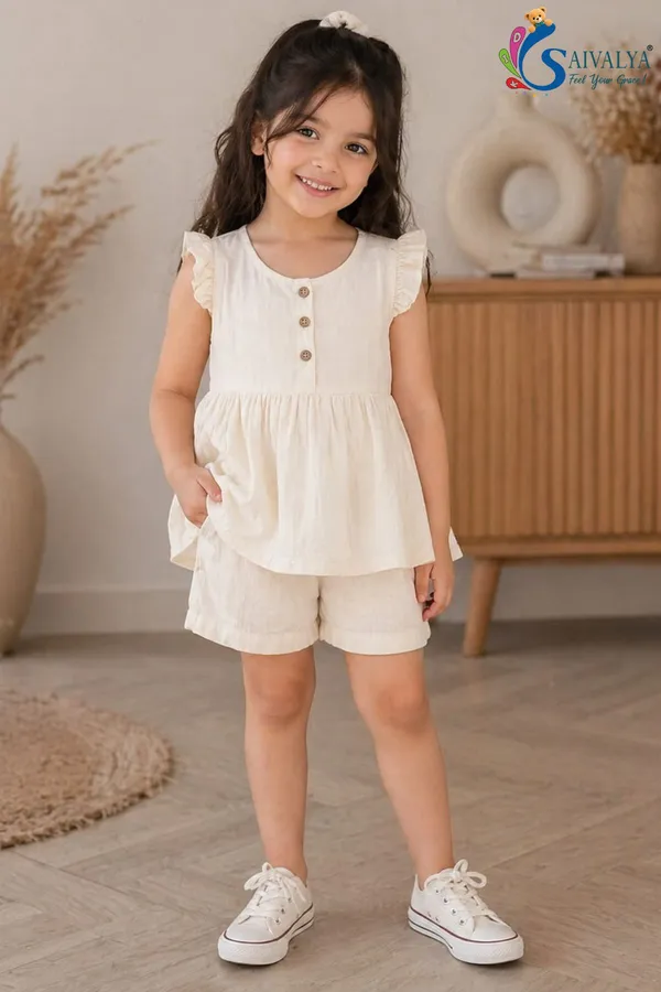 White_Pure_Cotton_Top_And_Shorts_Co_Ord_Set_For_Girls