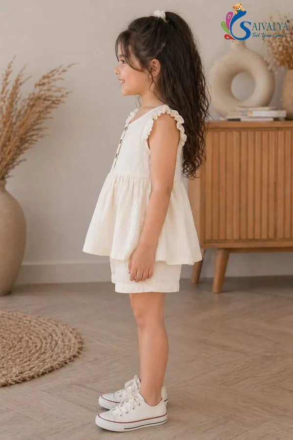 White_Pure_Cotton_Top_And_Shorts_Co_Ord_Set_For_Girls