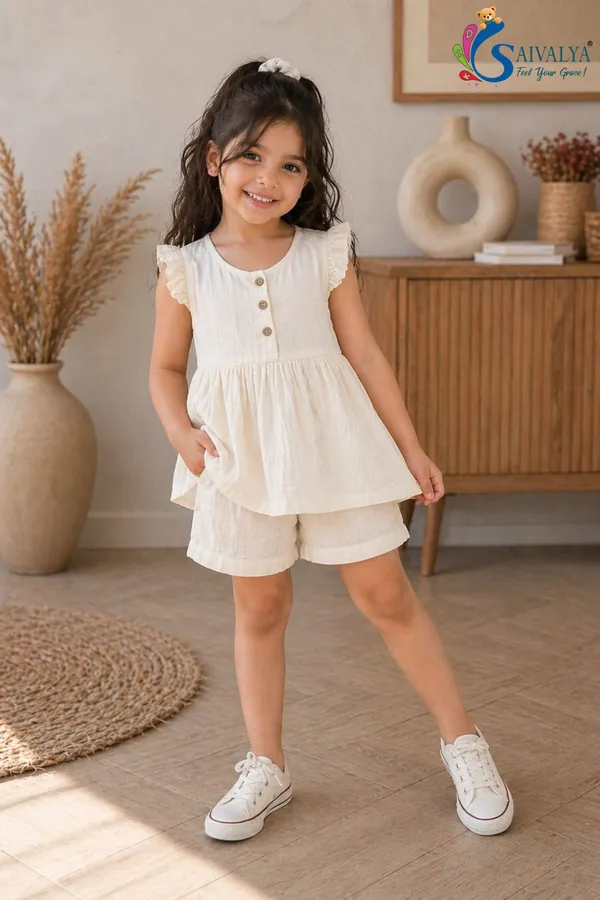 White_Pure_Cotton_Top_And_Shorts_Co_Ord_Set_For_Girls