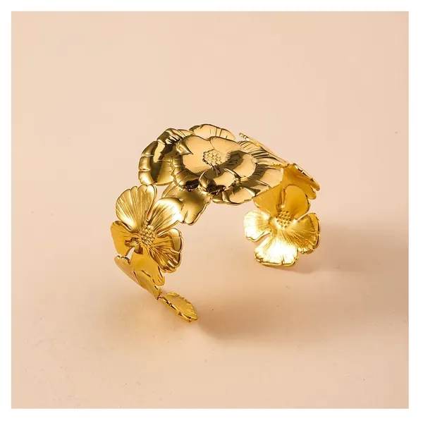 Golden_Stainless_Steel_Textured_Blooming_Flower_Cuff_Bracelet_For_Women