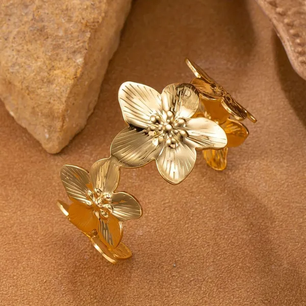 Golden_Stainless_Steel_Flower_Statement_Open_Cuff_Bracelet_For_Women