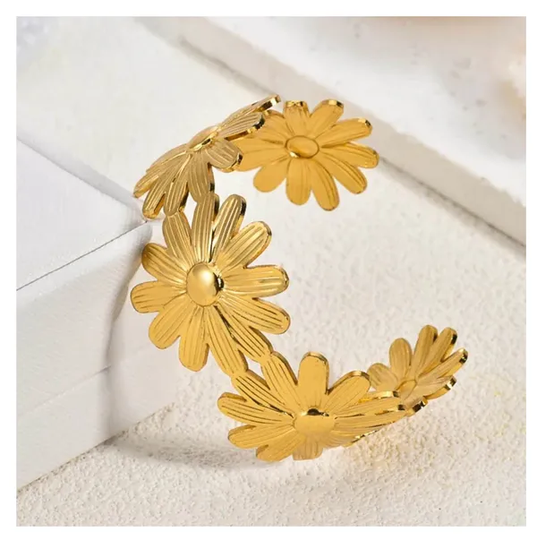 Golden_Stainless_Steel_Sunflower_Statement_Open_Cuff_Bracelet_For_Women