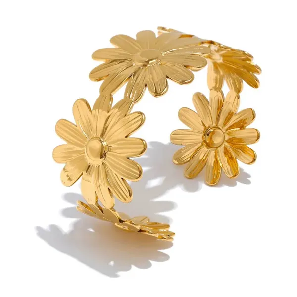 Golden_Stainless_Steel_Sunflower_Statement_Open_Cuff_Bracelet_For_Women