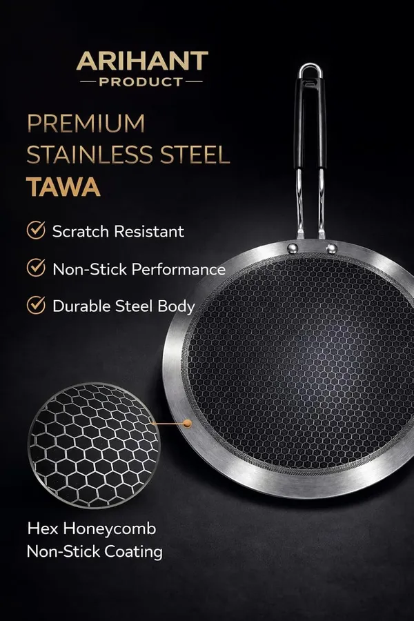 Silver_Stainless_Steel_Tri_Ply_Heavy_Gauge_14_Cm_Tadka_Tempering_Pan_And_Silver_Stainless_Steel_Tri_Ply_4_Mm_Thick_Honeycomb_Nonstick_26_Cm_Roti_Tawa_Combo_Pack_Of_2
