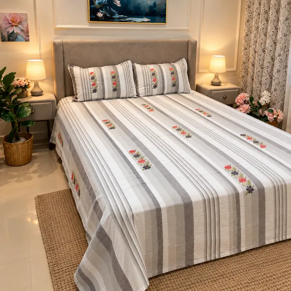 White_Grey_Floral_Stripe_Bed_Sheet_Set