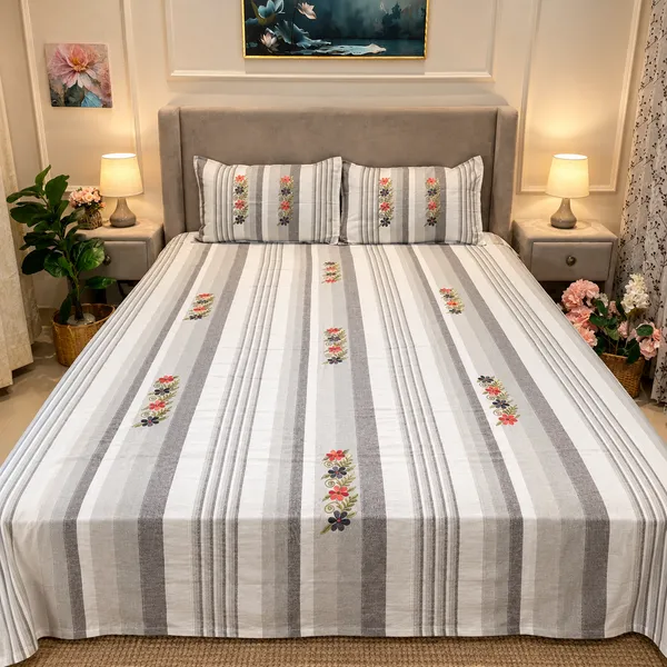 White_Grey_Floral_Stripe_Bed_Sheet_Set