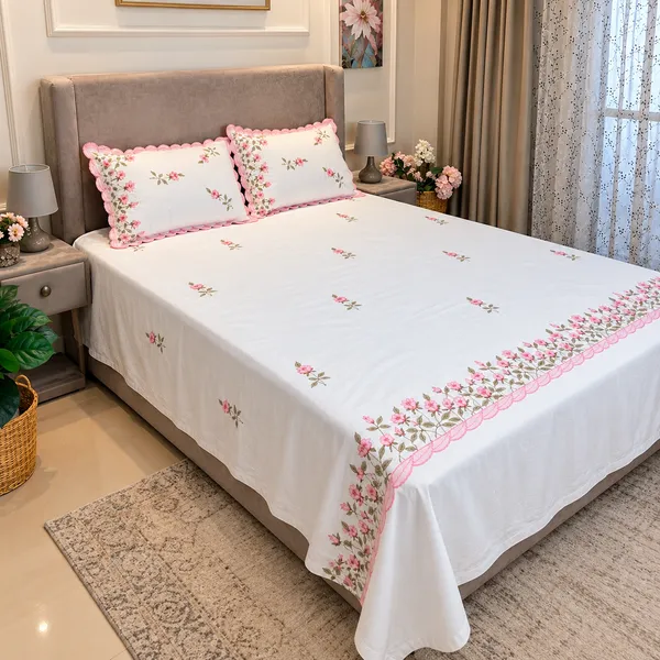 White_Floral_Embroidered_Bed_Sheet_Set
