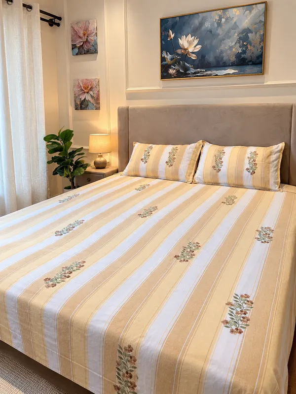 Yellow_Striped_Floral_Print_Bed_Sheet_Set