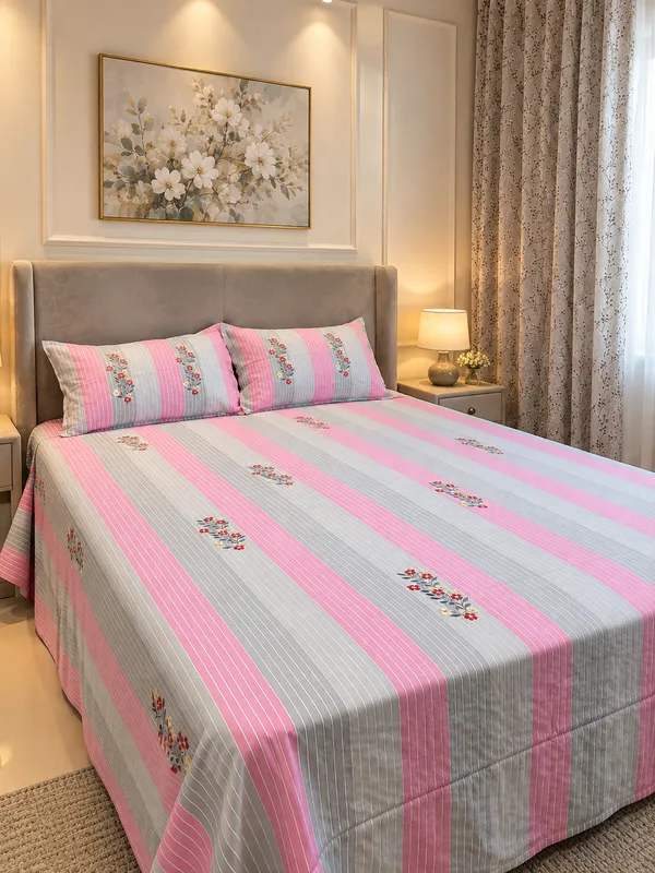 Pink_Grey_Striped_Floral_Bed_Sheet_Set