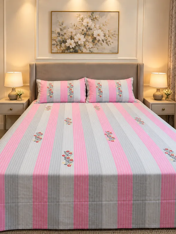 Pink_Grey_Striped_Floral_Bed_Sheet_Set
