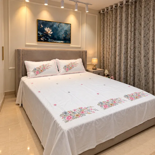 White_Floral_Print_Bedsheet_Set