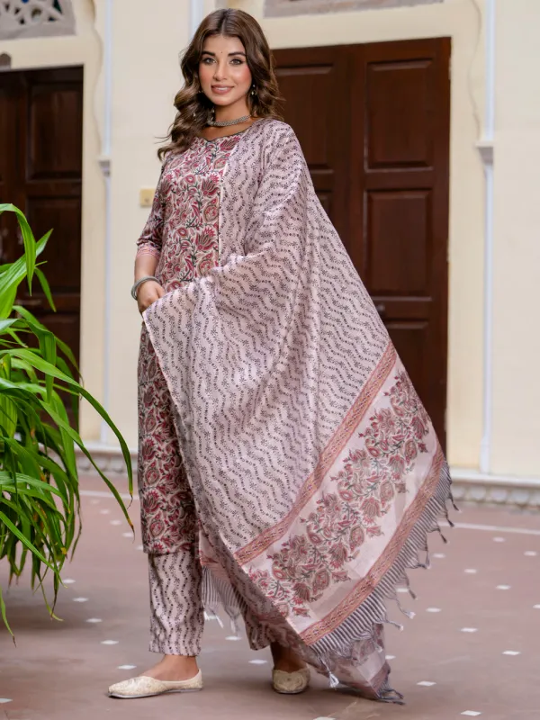 Floral_Printed_Pure_Cotton_Round_Neck_Kurta_Trouser_And_Dupatta_Set