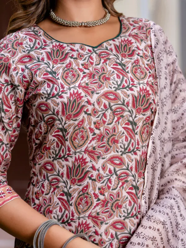 Floral_Printed_Pure_Cotton_Round_Neck_Kurta_Trouser_And_Dupatta_Set