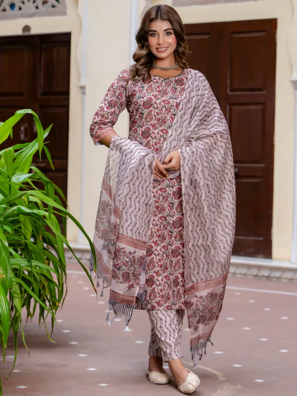 Floral_Printed_Pure_Cotton_Round_Neck_Kurta_Trouser_And_Dupatta_Set