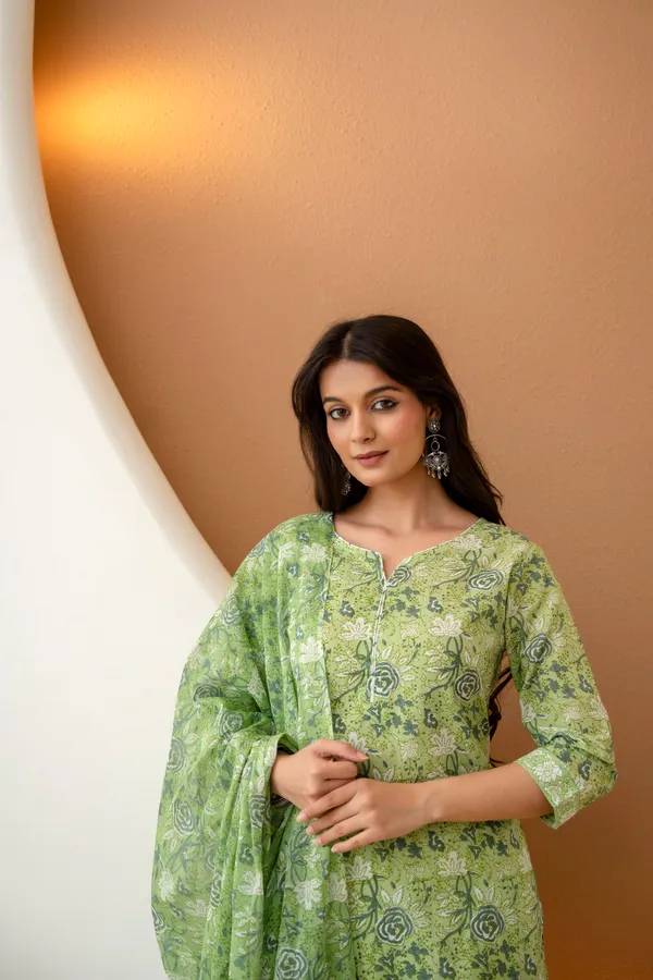 Floral_embroidered_Pure_Cotton_V_Neck_Green_Kurta_Trouser_&_Dupatta_Set