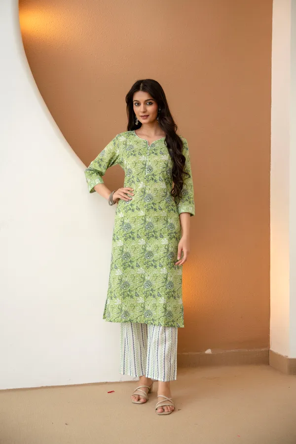 Floral_embroidered_Pure_Cotton_V_Neck_Green_Kurta_Trouser_&_Dupatta_Set