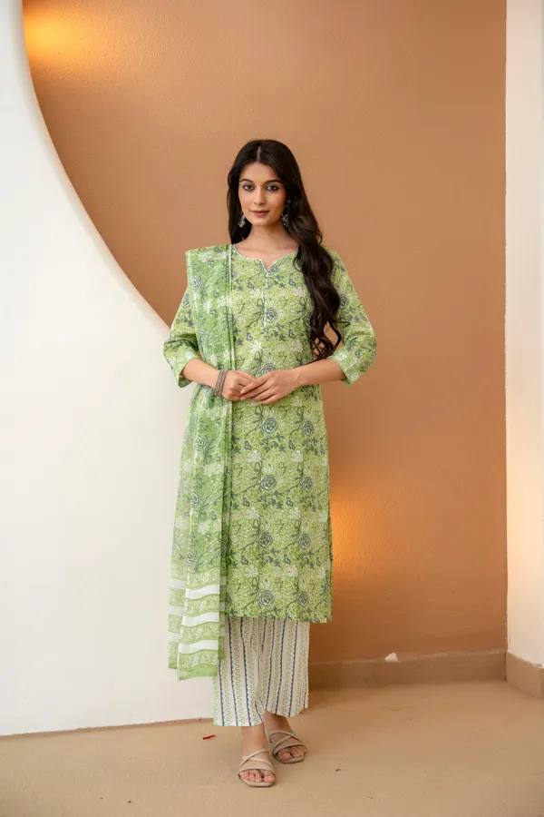 Floral_embroidered_Pure_Cotton_V_Neck_Green_Kurta_Trouser_&_Dupatta_Set