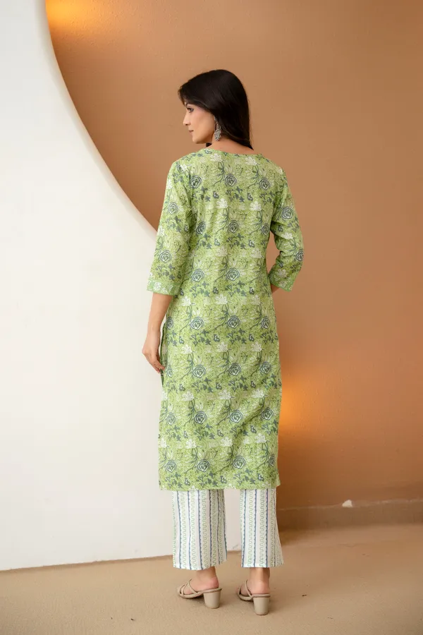 Floral_embroidered_Pure_Cotton_V_Neck_Green_Kurta_Trouser_&_Dupatta_Set