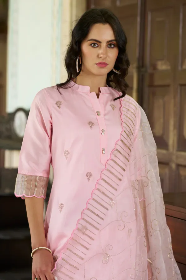Floral_Embroidered_Silk_Round_Neck_Kurta_Trouser_And_Dupatta_Set