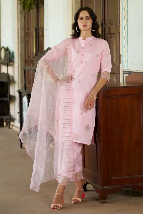 Floral_Embroidered_Silk_Round_Neck_Kurta_Trouser_And_Dupatta_Set