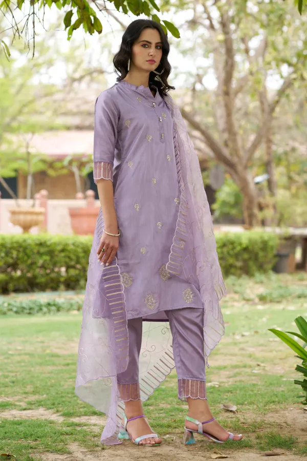 Floral_Embroidered_Silk_Round_Neck_Kurta_Trouser_And_Dupatta_Set