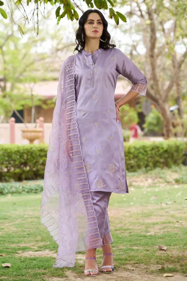 Floral_Embroidered_Silk_Round_Neck_Kurta_Trouser_And_Dupatta_Set