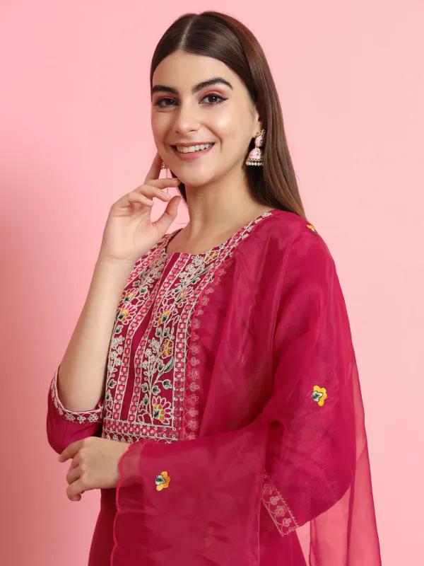 Floral_Embroidered_Silk_Round_Neck_Kurta_Trouser_And_Dupatta_Set