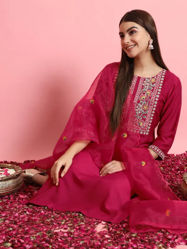Floral_Embroidered_Silk_Round_Neck_Kurta_Trouser_And_Dupatta_Set