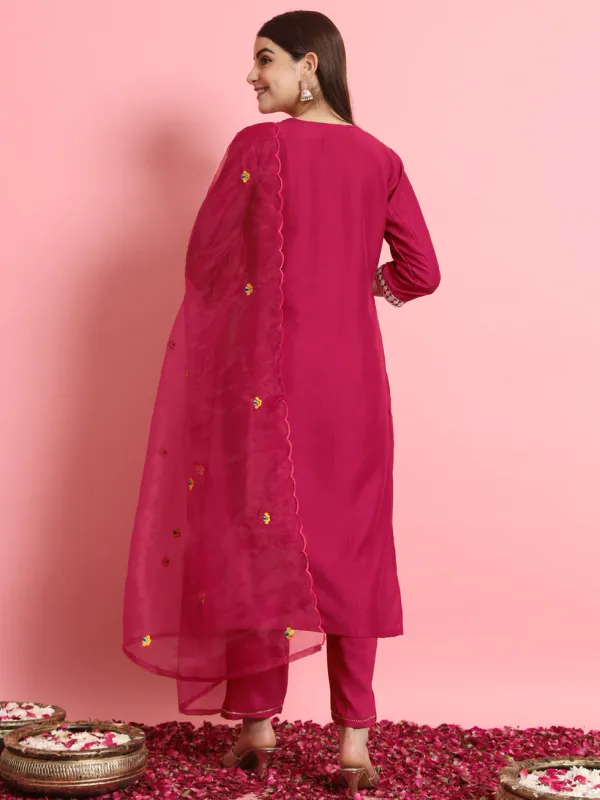 Floral_Embroidered_Silk_Round_Neck_Kurta_Trouser_And_Dupatta_Set
