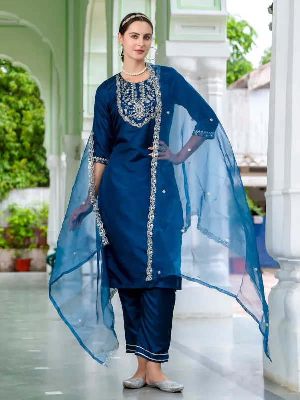 Floral_Embroidered_Silk_Round_Neck_Kurta_Trouser_And_Dupatta_Set
