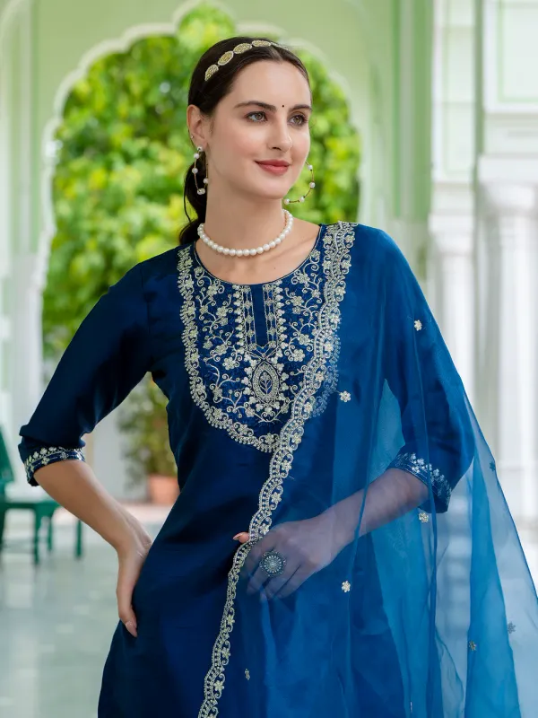 Floral_Embroidered_Silk_Round_Neck_Kurta_Trouser_And_Dupatta_Set