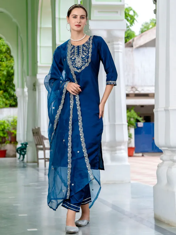 Floral_Embroidered_Silk_Round_Neck_Kurta_Trouser_And_Dupatta_Set